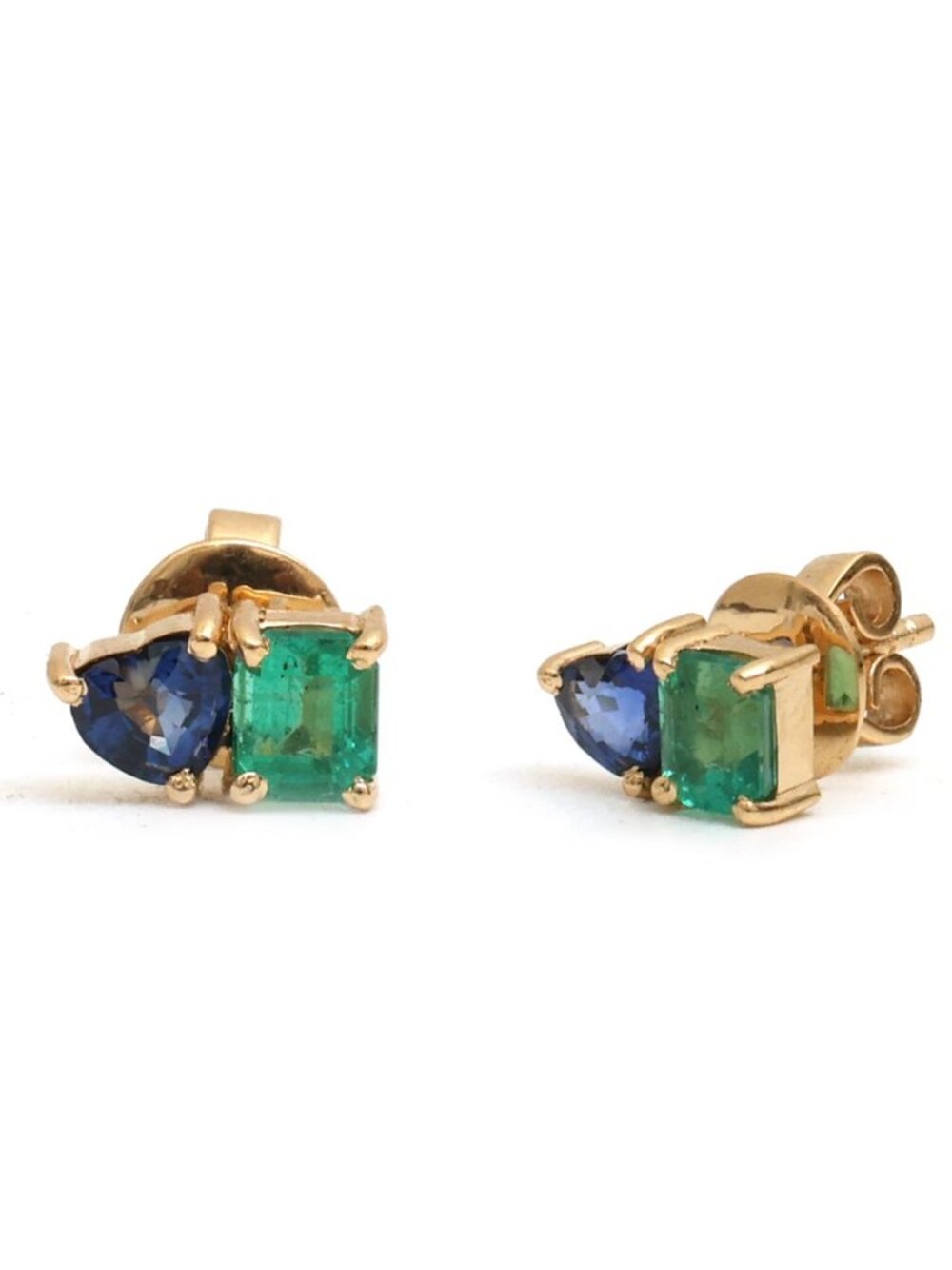 Blue Sapphire Emerald 18K Yellow Gold Stud Earrings